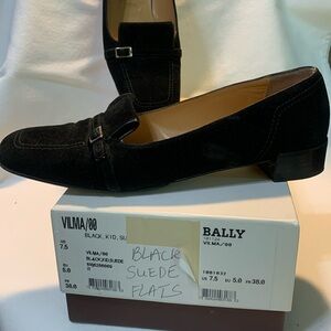 7.5 black suede 1 inch heels by Bally. Made in Italy